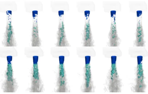 Figure 2. Configuration 3 in the top row, Configuration 10 in the bottom row. From (b) to (g) evolution of the spray from nozzle flow to spray primary breakup