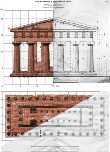 Figure 6: Facade (up) and plan (down) of the Neptune’s temple: the  laser scanning survey (in brown) overlapped to the historical drawing 