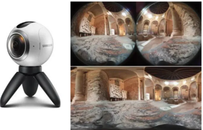 Fig. 1. The Samsung Gear 360 and its two circular images (top)  turned into a single equirectangular projection (bottom)