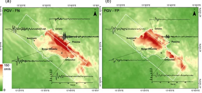 Fig. 8.  PGV map for the FN (a) and FP (b) components, together with the corresponding velocity time  histories at selected sites (Avezzano, Ortucchio, Pescina, Celano, Borgo Ottomila).