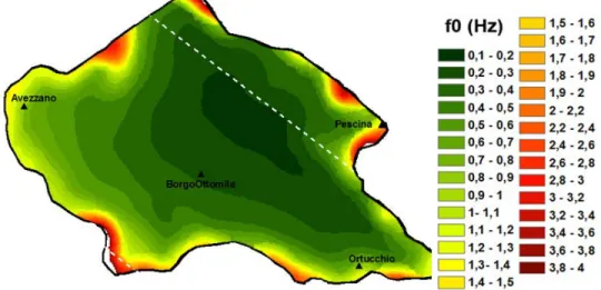 Fig. 15. Map of 1D natural frequency of vibration f 0  of the Fucino basin.