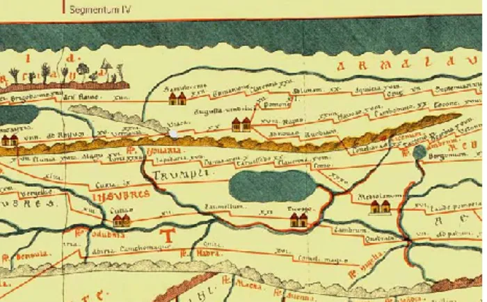Figure 1.  Detail of the Peutinger Map, in which Via Regina is  represented as a stepped red line North of the lake  In Roman times, the longitudinal way on the north-south route  of  the  lake  assumed  increasing  importance  with  the  expansion  to the