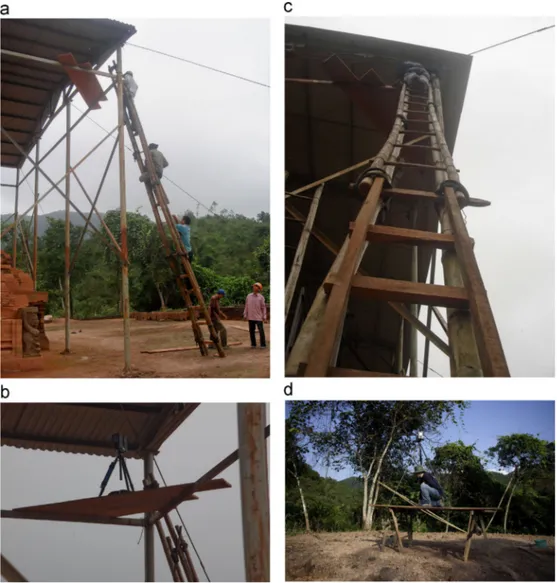 Fig. 2. Handmade structures arranged on the ﬁeld by local workers for locating the laser scanner in the appropriate positions: (a) mounting the platform on the top of the structure surrounding the Kalan; (b) laser scanner located on the platform at 7 m abo