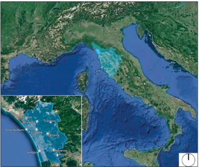 Fig. 1 – La Versilia, una sub regione della Toscana nord-occidentale,  compresa tra il mare e la cornice delle Alpi Apuane.