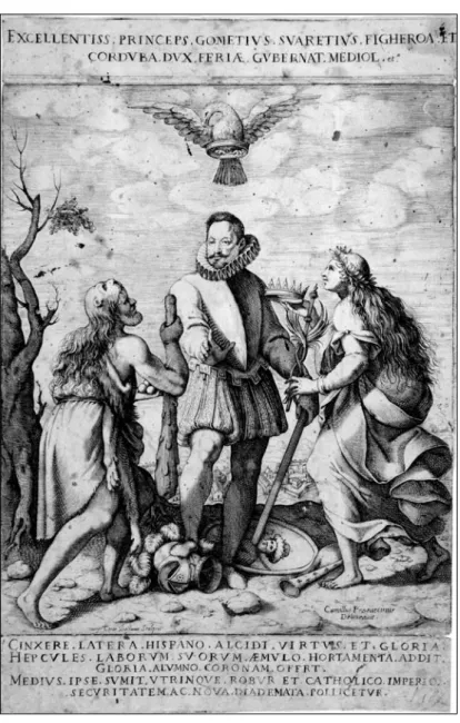 Fig. 2. Ritratto allegorico del duca di Feria. Incisione di Cesare Bassani da un disegno di  Camillo Procaccini (Raccolta delle stampe “A