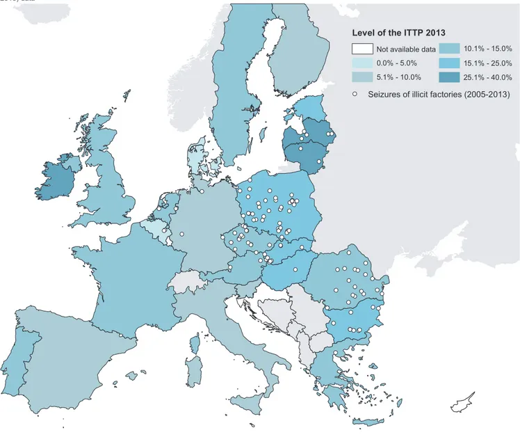 Figure a.3. Seizures of illicit tobacco factories in the EU between 2005 and 2013 Source: Transcrime elaboration on international news stories, law enforcement press releases, and PMI  (2013) data