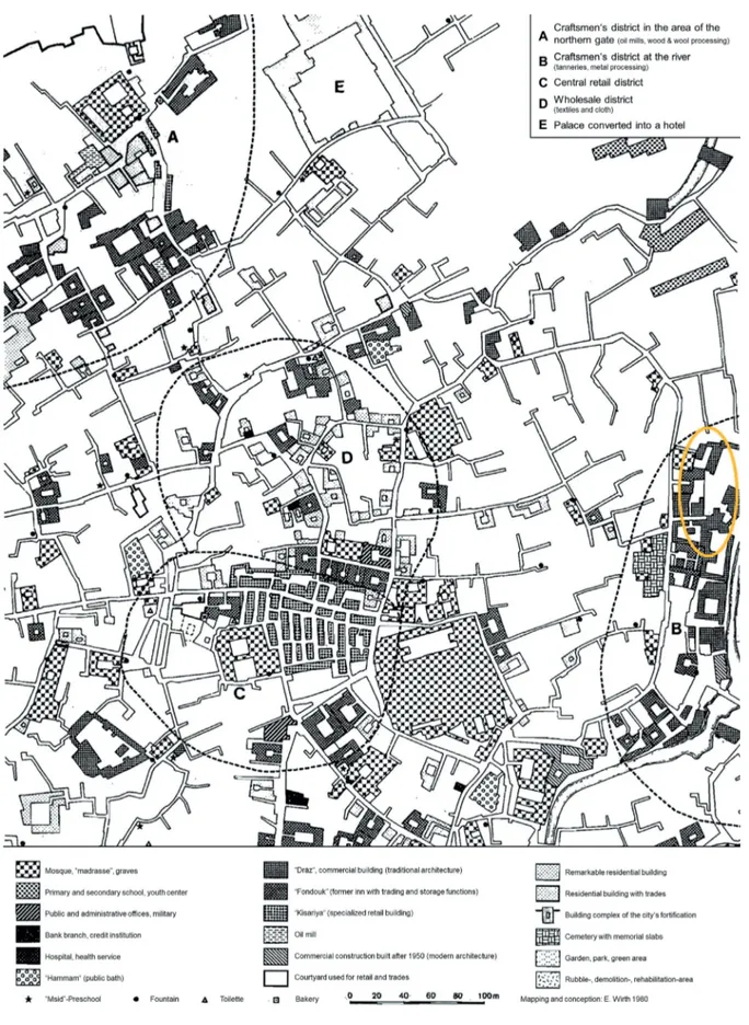 Figure 2. The Central Business Area of Fez in the 1980s and the Chouara Tanneries (circled in yellow)