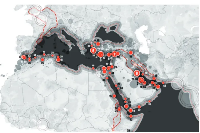 Figure 2. Map of the 60 cities with the highest urban population growth rates in the Mediterranean Basin, 2000–2015