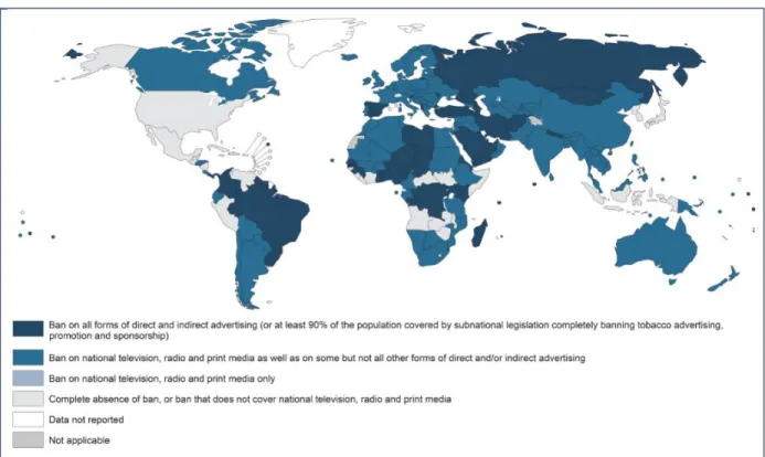 Figure  18  shows  the  comprehensiveness  of  the  policies  that  banned  tobacco  advertising  globally