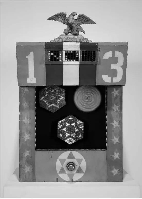 Fig. 4 - USCO, Triple Diffraction Hex with NO OW NOW, kinetic sculpture, 1965 Photo: Brooke Shanesy.