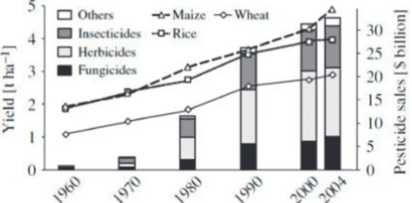 Figure 10. Development of the worldwide average yield per unit of area for wheat, rice and maize and pesticide sales in the period 1960-2004 (from Oerke, 2006)