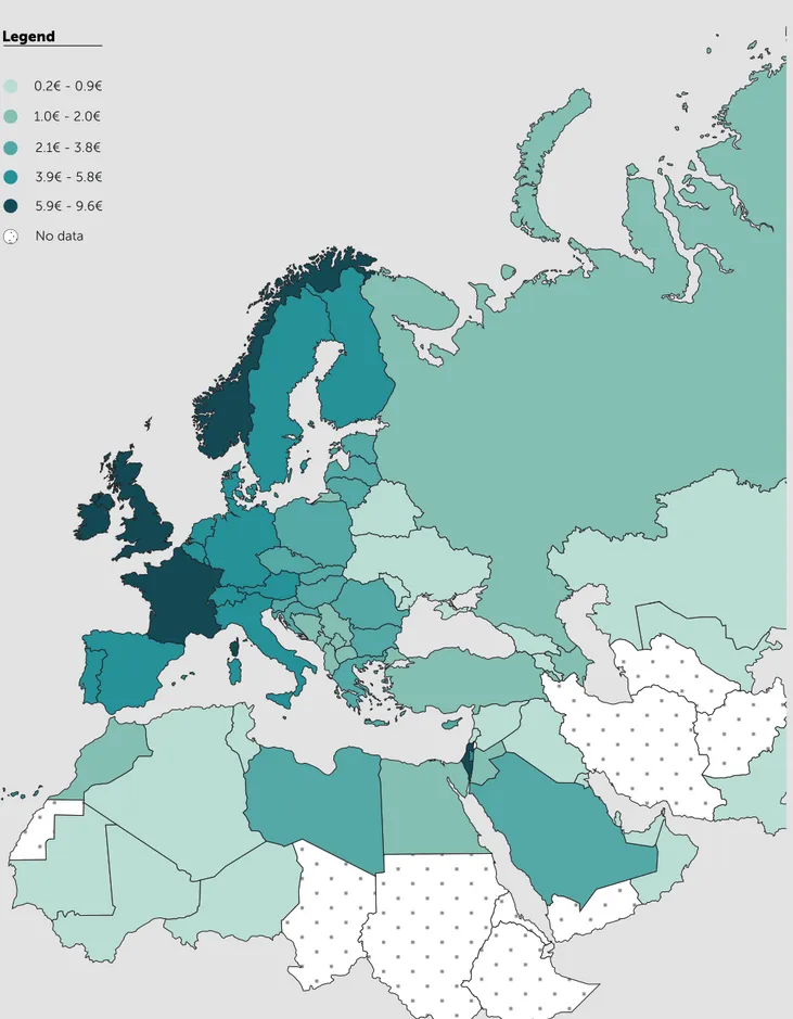 Figure 2. Price of the cheapest available 20-cigarette pack by country (2017) 0.2€ - 0.9€ 1.0€ - 2.0€  2.1€ - 3.8€  3.9€ - 5.8€  5.9€ - 9.6€ Legend No data