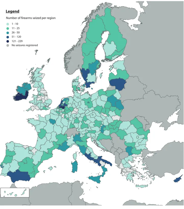 Figure 18. Number of firearms seized in the EU per region (NUTS 2) (2010-2015)*