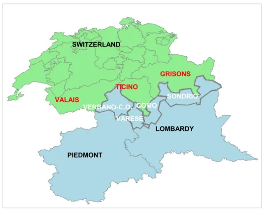 Figure 2: Map of border area between Italy (Lombardy and Piedmont) and   Switzerland with provincial borders 