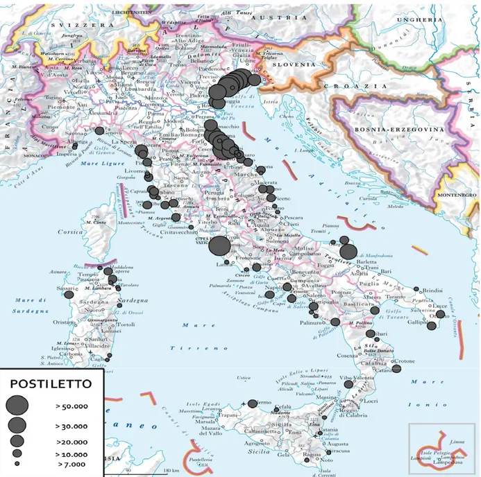 Figura 2.3 Comuni marittimi italiani a maggiore ricettività turistica (2012)  Fonte: Elaborazione CISET su dati ISTAT.