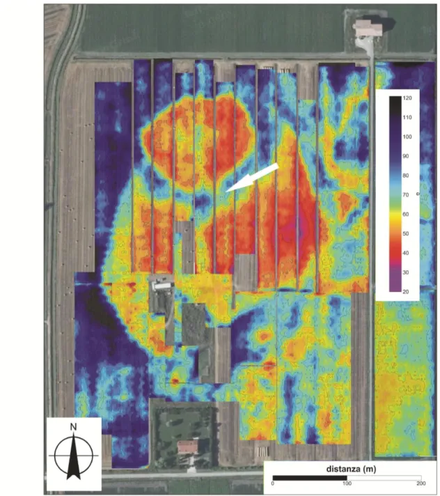 Fig. 1. Rilievo geofisico dell’area della terramara Santa Rosa di Poviglio; le aree a maggiore resistività (giallo e rosso) definiscono la planimetria  della terramara