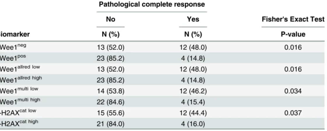 Table 2. Association between biomarkers of DNA damage and repair (pWee1 and γ-H2AX) and patho- patho-logical complete response in cervical cancer patients treated with neoadjuvant chemotherapy (N = 52).