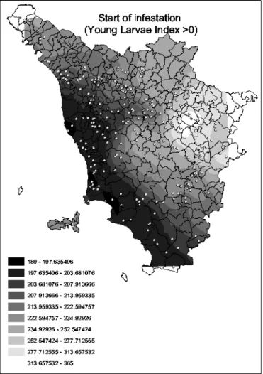Figure 1: prediction map of jYI (Young Infestation Index) observed on monitored farms and  expressed in Julian days