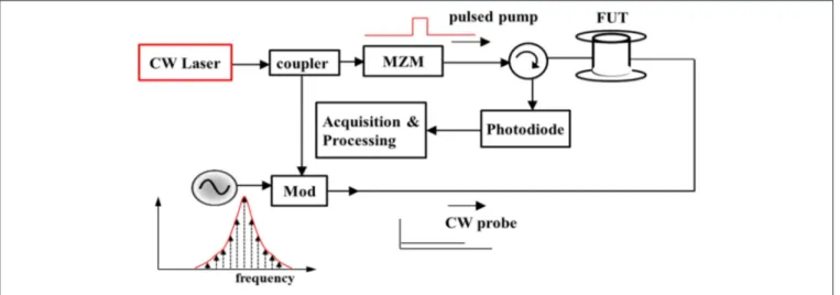 FIGURE 12 | Schematic of a simple BOTDA configuration showing counter-propagating pump and probe powers.