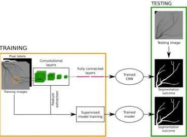 Fig. 4: Convolutional Neural Networks (CNN) for vascular segmentation have been used in two ways: (i) the CNN convolutional layers are used to automatically extract image features, which are then classified with standard supervised learning approaches; (ii