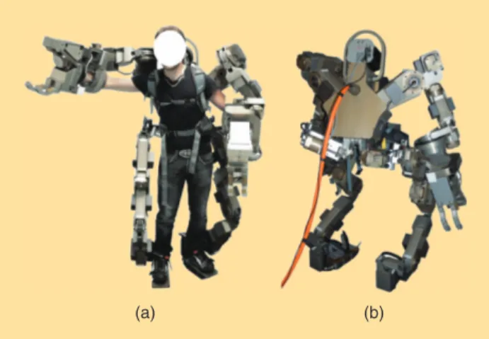 Figure 1. The (a) front and (b) back view of the BE, a prototype  of a whole body exoskeleton developed by the PERCRO  Laboratory of the Scuola Superiore Sant’ Anna (photos courtesy  of the PERCRO Laboratory, TeCIP Institute, Scuola Superiore  Sant’Anna).