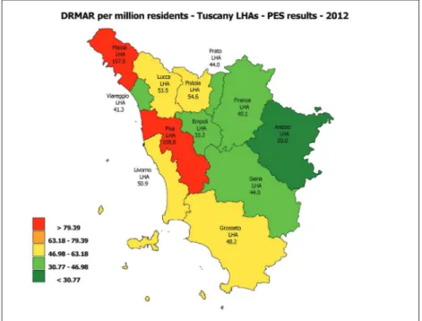 Figure 2: Diabetes-related lower limb major amputation rate per million residents – MeS-Lab Tuscany PES results –  2012