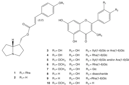 Fig. 4 ESI-MS/MS spectra of protonated molecules [M?H] ? of the pyrrolizidine alkaloids E/Z-thesinine-O-4 0 -a-rhamnoside (a) and E/Z- E/Z-thesinine (b)