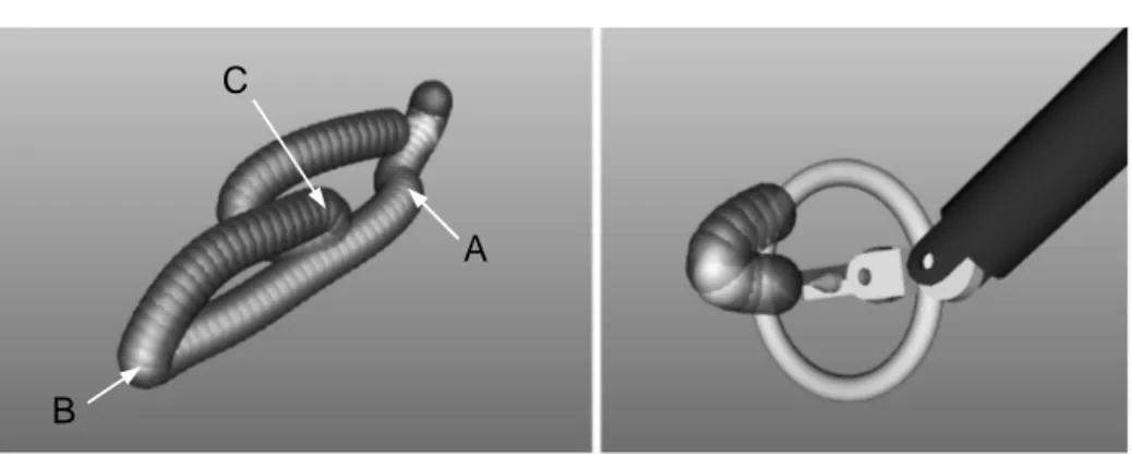 Fig. 4. The trajectory mimicking a knot-tying task as displayed in the virtual environ- environ-ment (left) and the simulated slave robot approaching the active sphere (right).