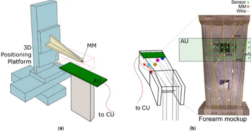 Figure 3. The experimental setup. (a) The acquisition unit (AU) samples the magnetic field produced  by a single magnet (MM) mounted on a 3D positioning platform, across a ~85,000 mm 3  workspace