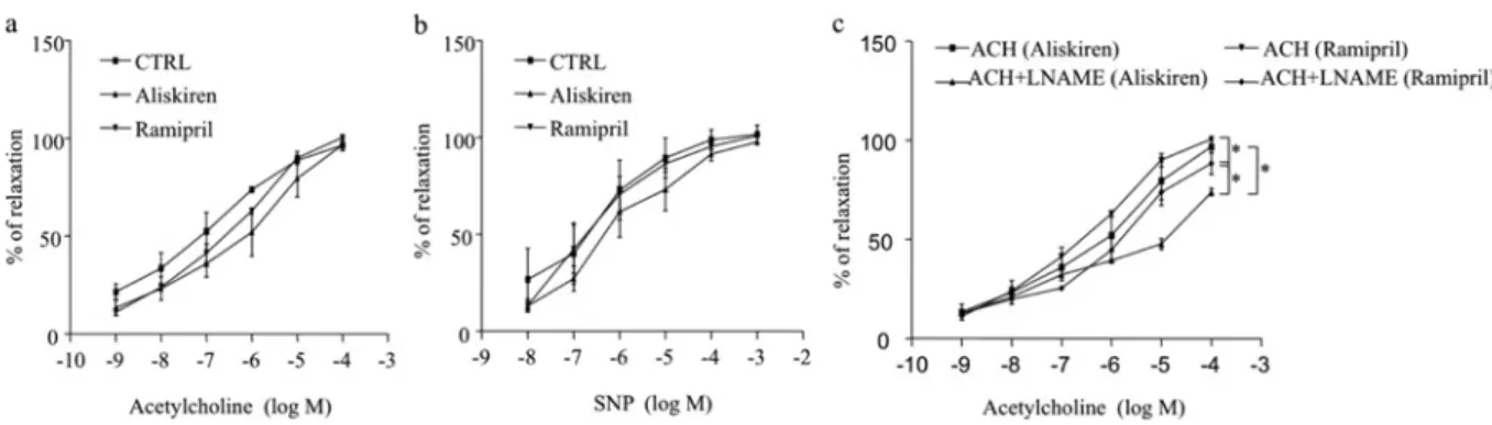 Figure 3 Concentration–response curves to SNP and acetylcholine in the absence or presence of L -NAME in dTGR (a) Concentration–response curve to acetylcholine and (b) to SNP of noradrenaline-pre-contracted mesenteric arteries from dTGR treated or not with
