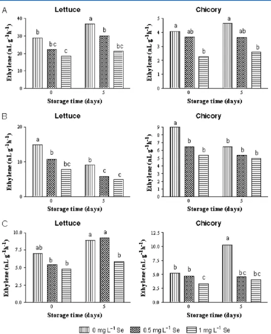Figure 2. Ethylene production, measured at harvest and after storage (5d, 4 ◦ C), in leaves of lettuce and chicory plants subjected to different Se treatments, in different growing seasons (A, autumn; B, winter; C, spring)