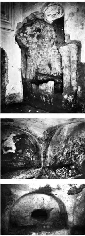 Fig. 3 – Spazio retrostante il presbiterio  della chiesa di S. Eframo Vecchio,  l’arco-solio (B2/40) del cubicolo B2 durante gli  scavi del 1931 (Ebanista 2016b, fig