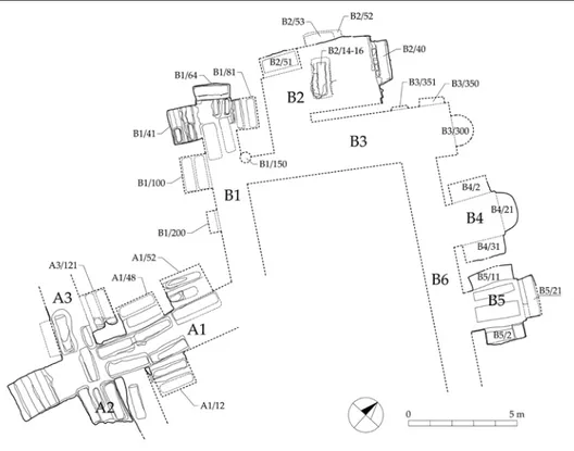 Fig. 2 – Catacomba di S. Efebo, planimetria ricostruttiva; le parti tratteggiate sono ipotetiche (R