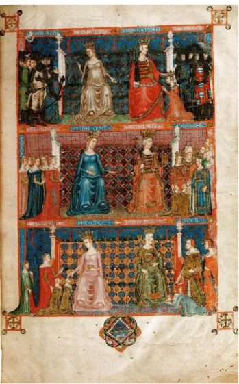 Fig. 4) Cristoforo Orimina, Genealogia degli Angiò, miniatura, 1343  circa.  Louvain, Bibliotheek Faculteit Theologie, Ms