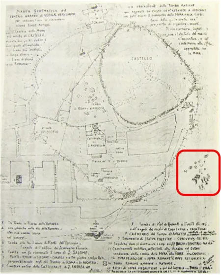 Fig. 7 – Schizzo dello Scaccia Scarafoni con localizzazione delle sepolture descritte  in relazione allo spazio urbano antico 