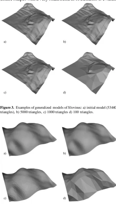 Figure 3.  Examples of generalized  models of Slovinec: a) initial model (53460  triangles), b) 5000 triangles, c) 1000 triangles d) 100  triangles.