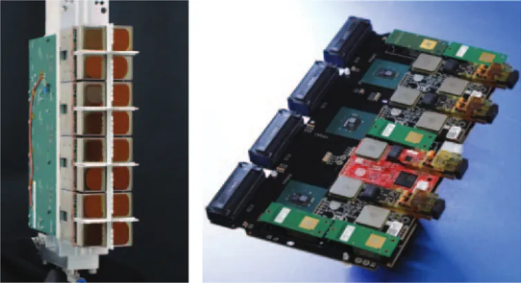 Fig. 1. – Left: the photo detector module with the 4 R-type ECs. Right: A PDMDB with the 3 FPGAs and the optical links.