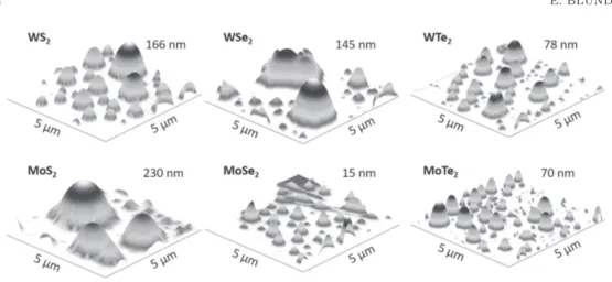 Fig. 3. – 3D atomic force microscopy (AFM) images of 5 μm ×5 μm areas acquired on 6 diﬀerent TMDs showing the formation of domes in all the samples