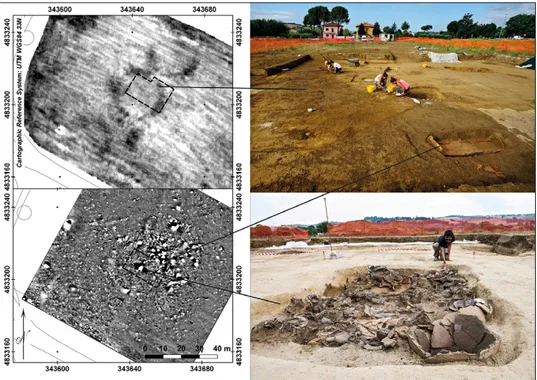 Fig. 9 – Archeologia e geofisica a confronto: riscontro stratigrafico e corrispondenza delle principali  sorgenti di anomalia sulle mappe di resistività e geomagnetica con il dato archeologico da scavo