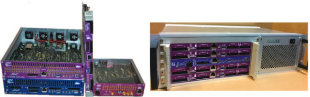 Fig. 9. – Left: 16- to 64-channel SAMPIC acquisition modules. Right: the 256-channel crate.