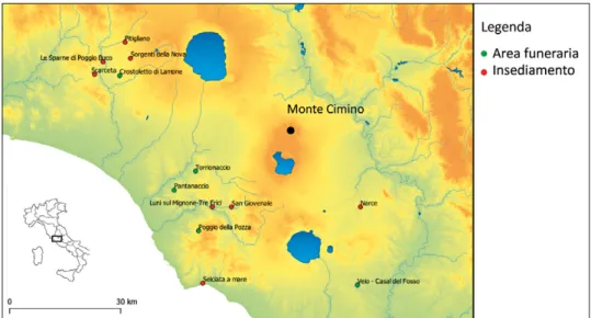 Fig. 2 – Carta dell’Etruria Meridionale con la posizione degli insediamenti e delle aree funerarie da  cui proviene il materiale integro utilizzato per la ricostruzione di altezza e profilo dei frammenti  provenienti dal Monte Cimino.