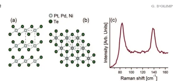 Fig. 1. – (a) Side and (b) top views of the atomic structure of Pt, Pd, NiTe 2 . Grey balls denote Pt, Pd or Ni atoms, while green balls represent Te atoms