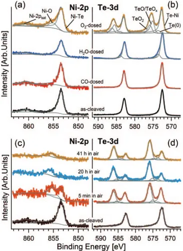 Fig. 3. – Core-level spectra of (a) Ni-2p and (b) Te-3d for as-cleaved NiTe 2 and for the same surface exposed to CO, H 2 O and O 2 at 2 ·10 4 L, respectively