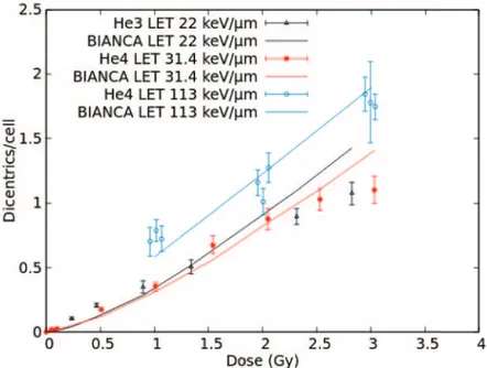 Fig. 2. – Mean number of dicentrics per cell as a function of dose induced by helium ions with LET = 22, 31.4 and 113 keV/μm