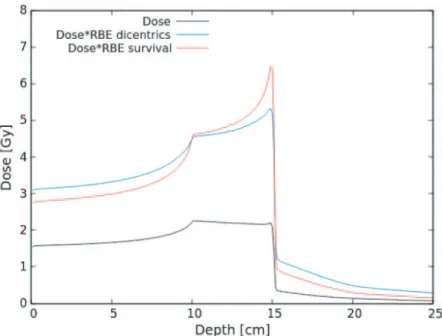 Fig. 6. – Distribution of absorbed dose and of RBE-weighted doses in a carbon SOBP.