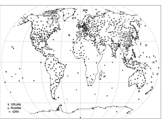 Fig. 1. – Map of stations available from the Integrated Global Radiosonde Archive (IGRA) at NOAA/NCEI in December 2019 (+ symbol), from the the GCOS Reference Upper Air Network, GRUAN ( × symbol) and from RHARM homogenization (black dots).