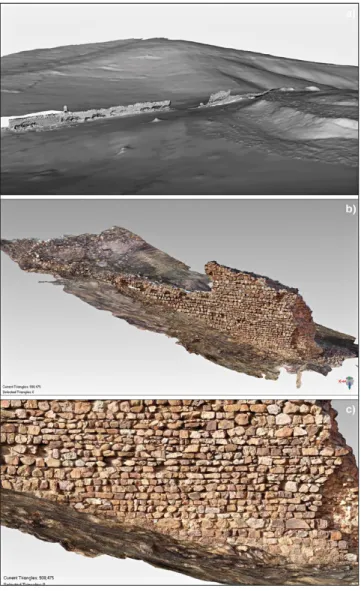 Fig. 7 – Georeferenced model of the architectural structures (a),  textured polygonal model of USM7 (b), and detail of textured  polygonal model of USM7 (c).