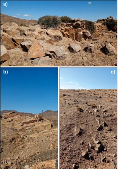 Fig. 3 – Quarries identified during the surveys (a, b) and installations  pertaining to daily activities and animal husbandry (c).