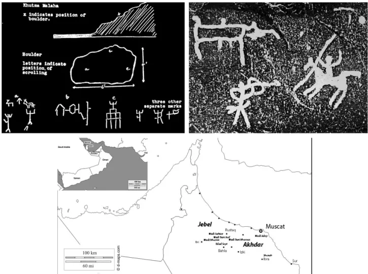 Figure 1. Left: Khutma al Malaha (actually UAE), the first Omani rock art engravings ever drawn (from Bertram Thom- Thom-as, alarm and excursions in Arabia, 1931), b) Right: Engravings colored in white to enhance them (from Jäckli 1980) , c)  Map of Northe