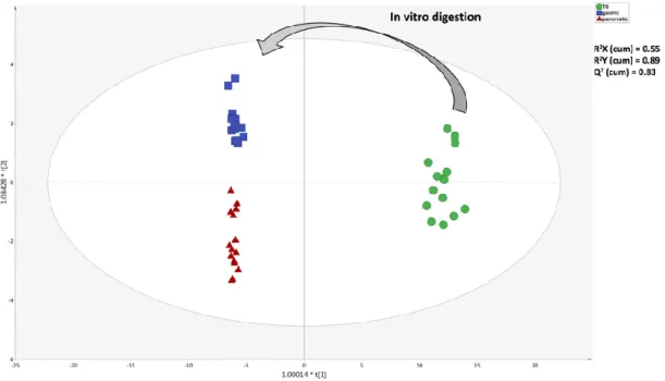 Figure  2.  Orthogonal  projection  to  latent  structures  discriminant  analysis  (OPLS-DA)  score  plot  showing  the  modifications  of  the  phytochemical  composition  of  EVOO  samples,  moving  from  T 0 (raw; prior to digestion) to gastric and pan